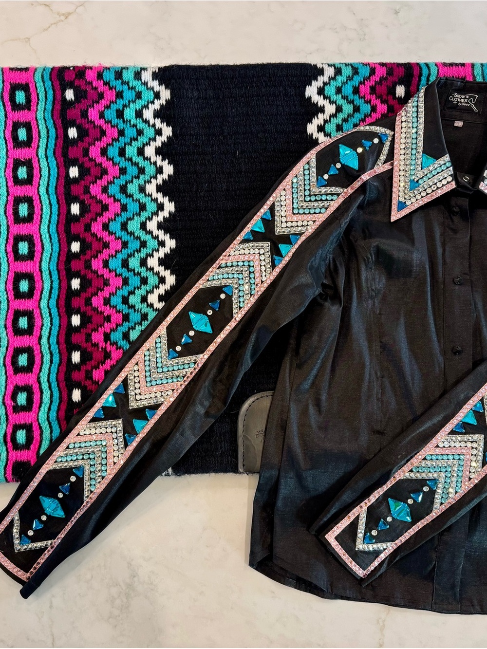 Embellished Black Western-Style Jacket with Turquoise & Pink Accents